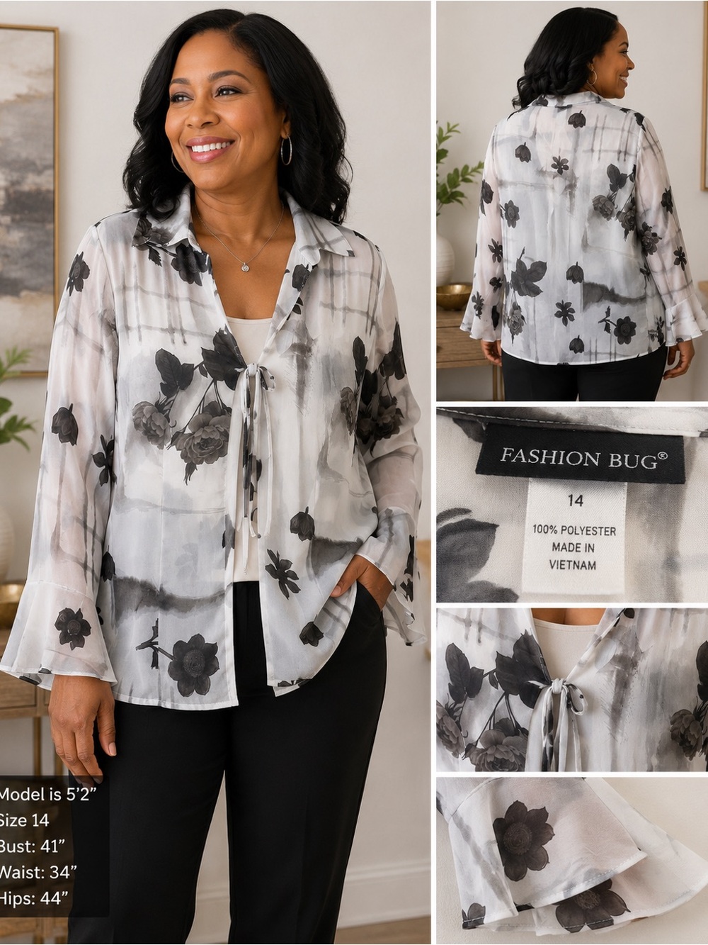 Fashion‎ Bug White Gray Floral Sheer Tie Front Blouse Size 14